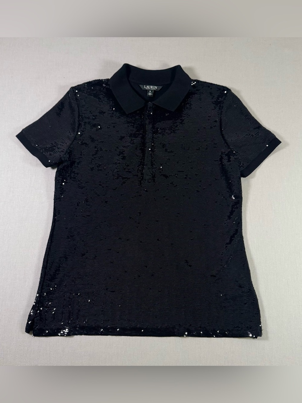 Lauren Ralph Lauren Black Sequin Button-Down Polo Top Medium